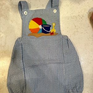 Seersucker Sunsuit with beach scene embroidery 3-6 MO